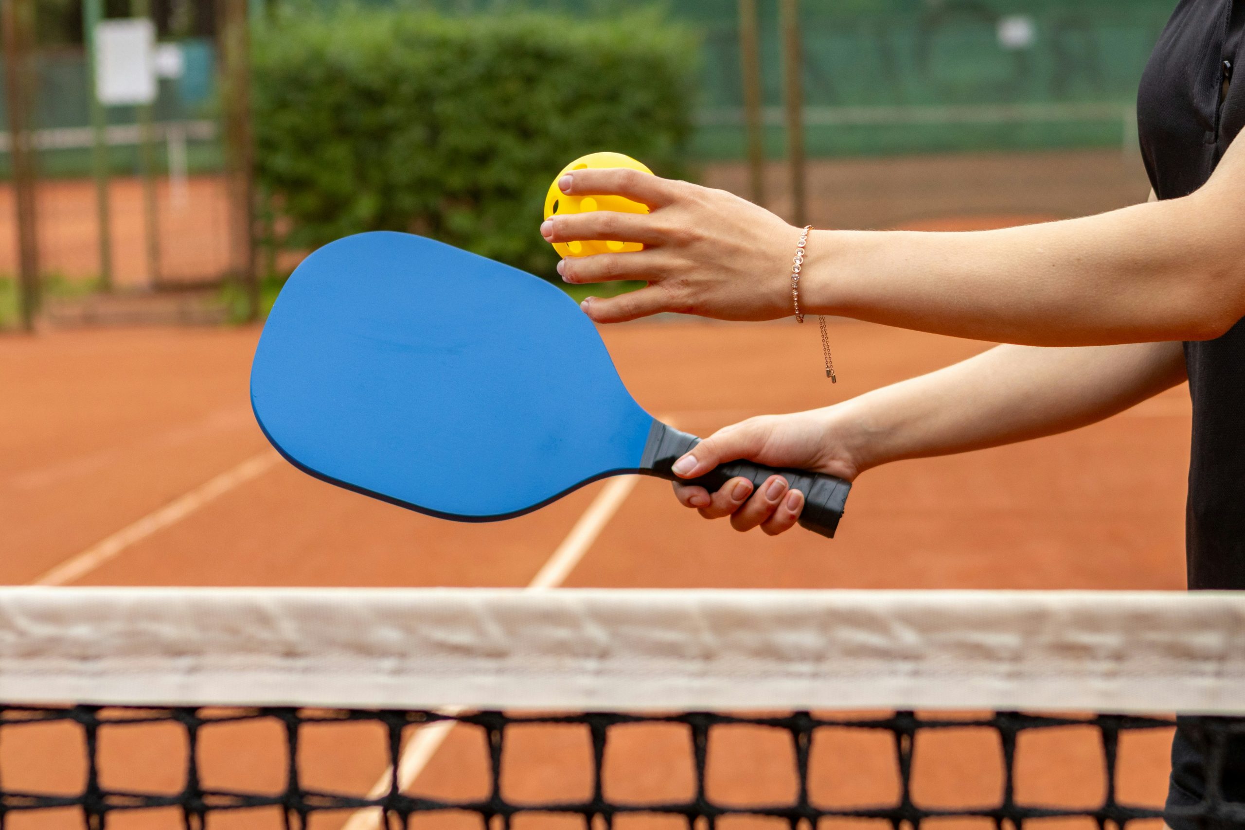 Person holding paddle and ball in front of net, playing sports